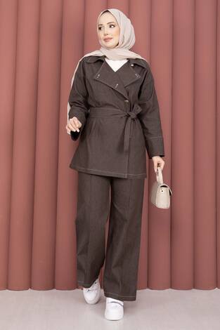 Kruvaze Yaka Gold Düğmeli İkili Kot Takım Kahve - Thumbnail