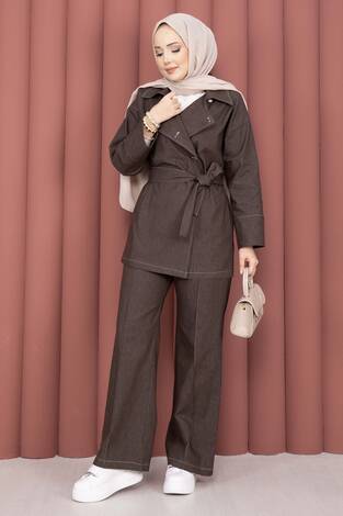 Kruvaze Yaka Gold Düğmeli İkili Kot Takım Kahve