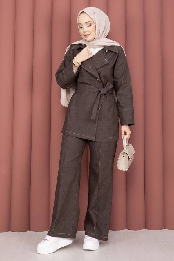 MD - Kruvaze Yaka Gold Düğmeli İkili Kot Takım Kahve