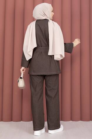 Kruvaze Yaka Gold Düğmeli İkili Kot Takım Kahve - Thumbnail