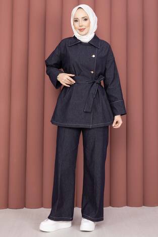 Kruvaze Yaka Gold Düğmeli İkili Kot Takım Lacivert - Thumbnail