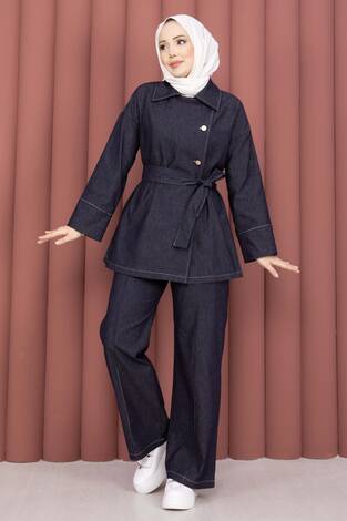 Kruvaze Yaka Gold Düğmeli İkili Kot Takım Lacivert