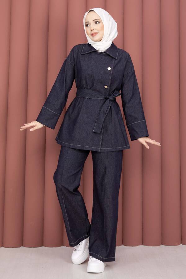 MD - Kruvaze Yaka Gold Düğmeli İkili Kot Takım Lacivert
