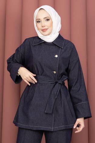 Kruvaze Yaka Gold Düğmeli İkili Kot Takım Lacivert - Thumbnail