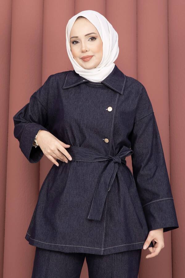 MD - Kruvaze Yaka Gold Düğmeli İkili Kot Takım Lacivert (1)