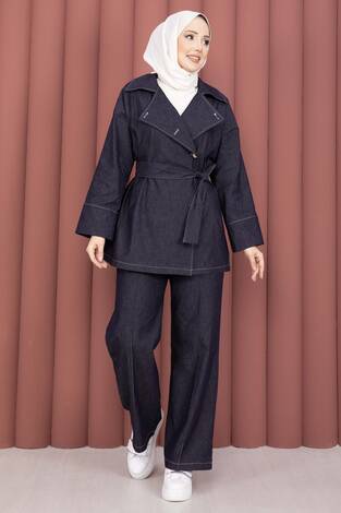 Kruvaze Yaka Gold Düğmeli İkili Kot Takım Lacivert - Thumbnail