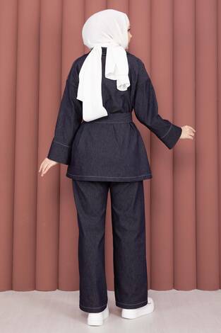Kruvaze Yaka Gold Düğmeli İkili Kot Takım Lacivert - Thumbnail