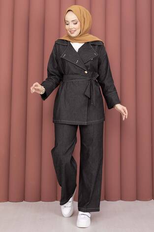 Kruvaze Yaka Gold Düğmeli İkili Kot Takım Siyah - Thumbnail