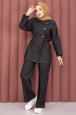 Kruvaze Yaka Gold Düğmeli İkili Kot Takım Siyah - Thumbnail
