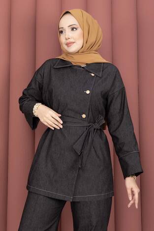 Kruvaze Yaka Gold Düğmeli İkili Kot Takım Siyah - Thumbnail