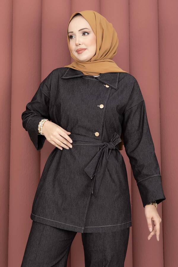 MD - Kruvaze Yaka Gold Düğmeli İkili Kot Takım Siyah (1)