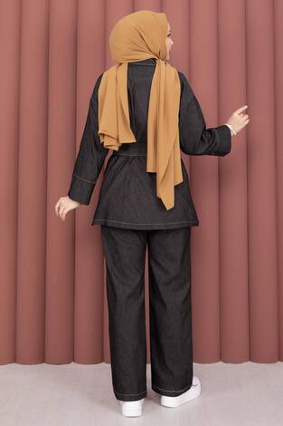 Kruvaze Yaka Gold Düğmeli İkili Kot Takım Siyah - Thumbnail