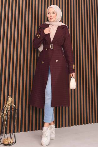 Kruvaze Yaka Kemerli Tesettür Kapitone Trençkot Bordo - Thumbnail