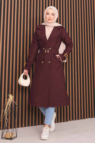 Kruvaze Yaka Kemerli Tesettür Kapitone Trençkot Bordo - Thumbnail