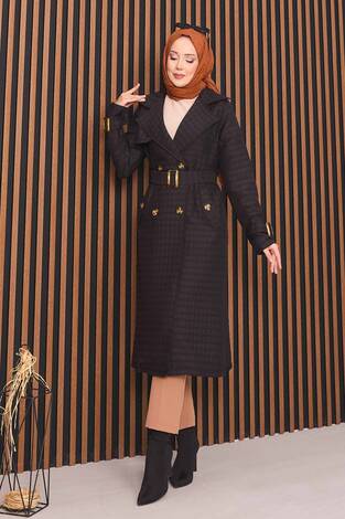 Kruvaze Yaka Kemerli Tesettür Kapitone Trençkot Siyah - Thumbnail