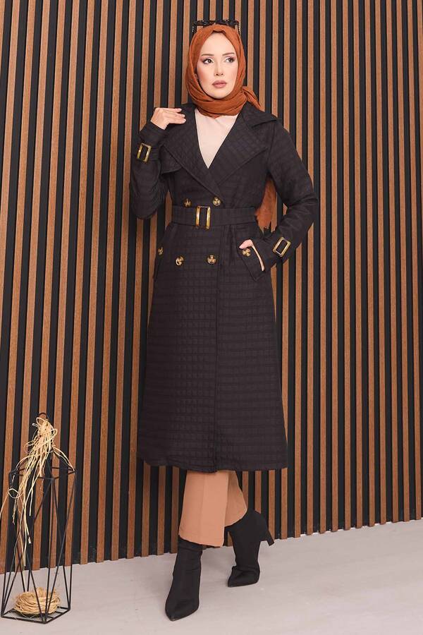 MD - Kruvaze Yaka Kemerli Tesettür Kapitone Trençkot Siyah