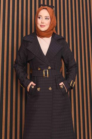 Kruvaze Yaka Kemerli Tesettür Kapitone Trençkot Siyah - Thumbnail