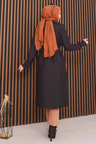 Kruvaze Yaka Kemerli Tesettür Kapitone Trençkot Siyah - Thumbnail