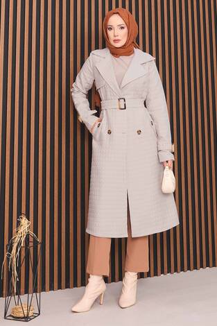 Kruvaze Yaka Kemerli Tesettür Kapitone Trençkot Taş - Thumbnail