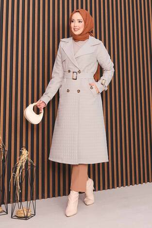 Kruvaze Yaka Kemerli Tesettür Kapitone Trençkot Taş - Thumbnail