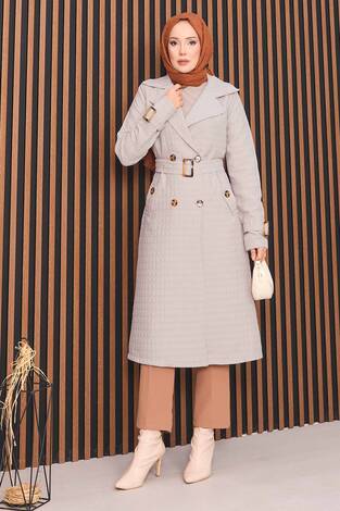 Kruvaze Yaka Kemerli Tesettür Kapitone Trençkot Taş - Thumbnail