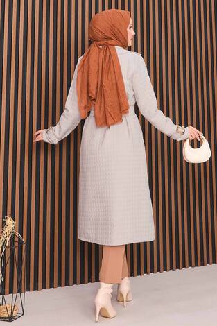 Kruvaze Yaka Kemerli Tesettür Kapitone Trençkot Taş - Thumbnail