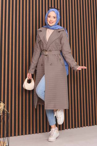 Kruvaze Yaka Kemerli Tesettür Kapitone Trençkot Vizon - Thumbnail