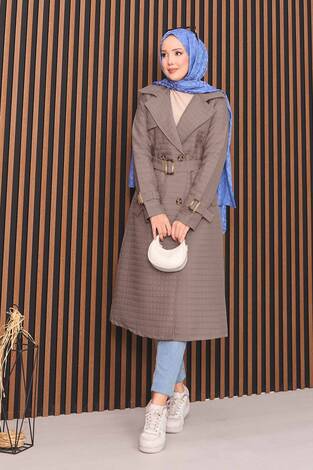 Kruvaze Yaka Kemerli Tesettür Kapitone Trençkot Vizon - Thumbnail