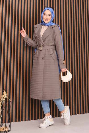 Kruvaze Yaka Kemerli Tesettür Kapitone Trençkot Vizon - Thumbnail