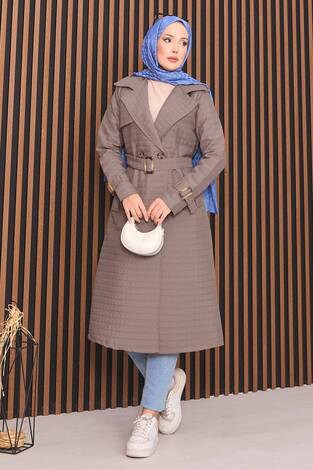 Kruvaze Yaka Kemerli Tesettür Kapitone Trençkot Vizon - Thumbnail