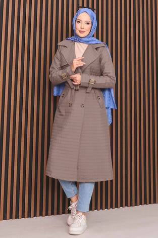 Kruvaze Yaka Kemerli Tesettür Kapitone Trençkot Vizon - Thumbnail