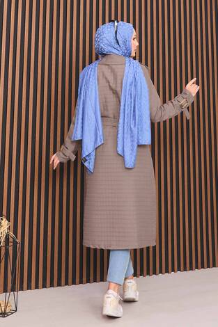 Kruvaze Yaka Kemerli Tesettür Kapitone Trençkot Vizon - Thumbnail