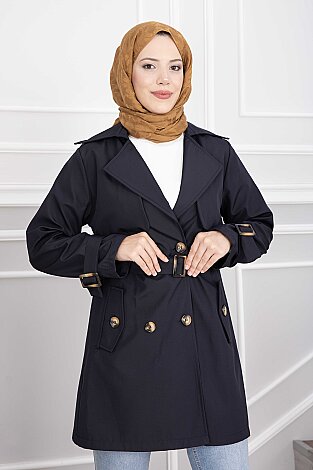 Kruvaze Yaka Kemerli Trençkot Lacivert - 2