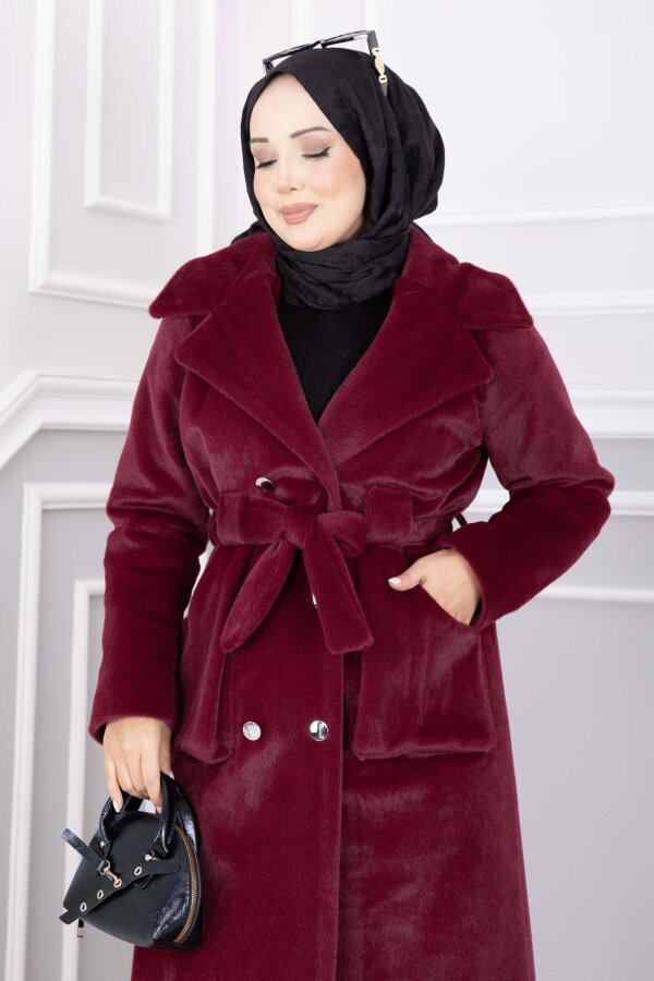 Kruvaze Yaka Kuşaklı Fox Kaban Bordo (1)
