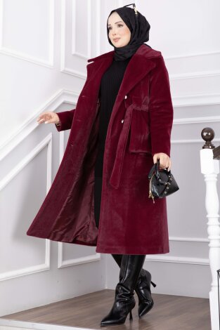 Kruvaze Yaka Kuşaklı Fox Kaban Bordo - 3