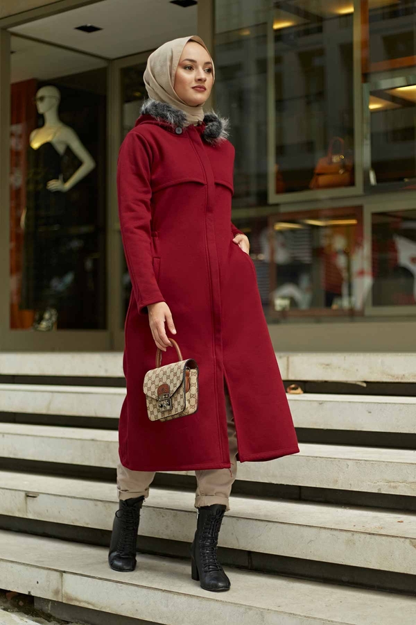  - Kürk Kapişonlu Kap 4492-03 Bordo