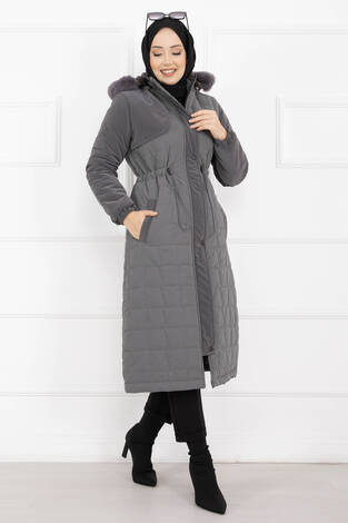 Kürk Kapüşonlu Beli Bağcıklı Nova Kaban Füme - Thumbnail