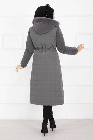 Kürk Kapüşonlu Beli Bağcıklı Nova Kaban Füme - Thumbnail