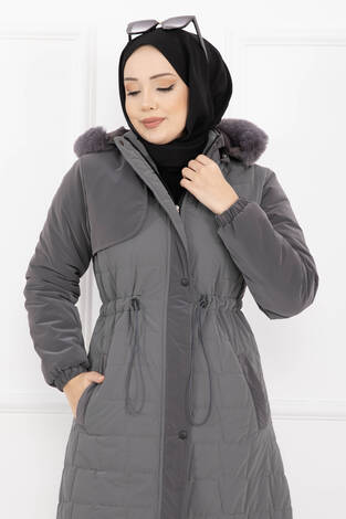 Kürk Kapüşonlu Beli Bağcıklı Nova Kaban Füme - Thumbnail