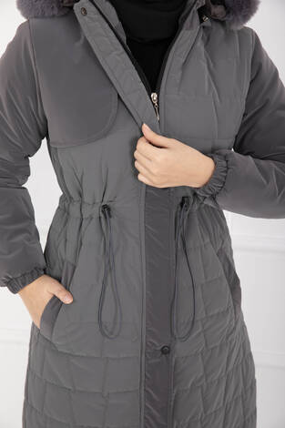 Kürk Kapüşonlu Beli Bağcıklı Nova Kaban Füme - Thumbnail