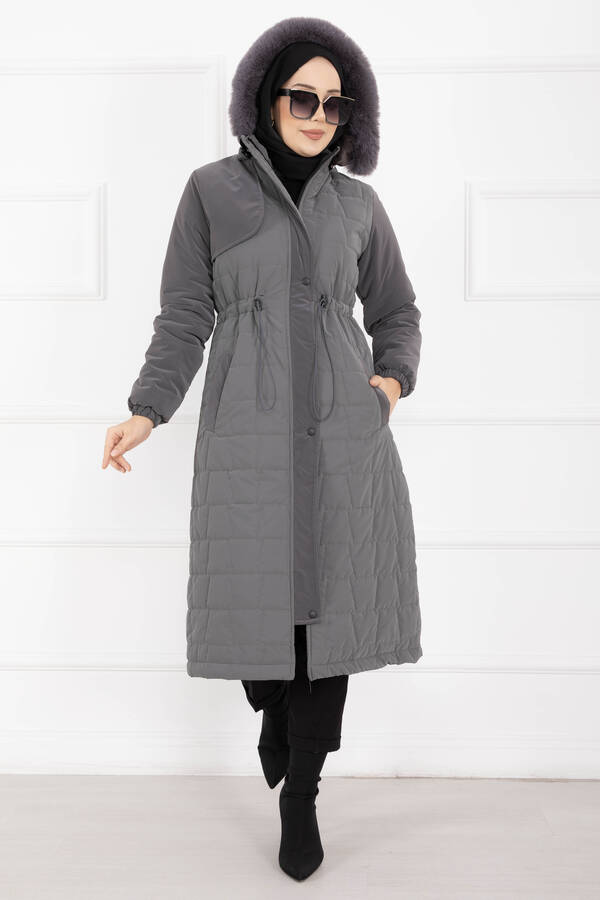 Hsm - Kürk Kapüşonlu Beli Bağcıklı Nova Kaban Füme