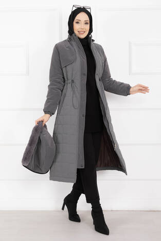 Kürk Kapüşonlu Beli Bağcıklı Nova Kaban Füme - Thumbnail