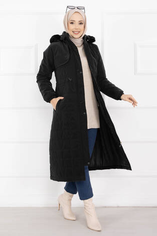 Kürk Kapüşonlu Beli Bağcıklı Nova Kaban Siyah - Thumbnail