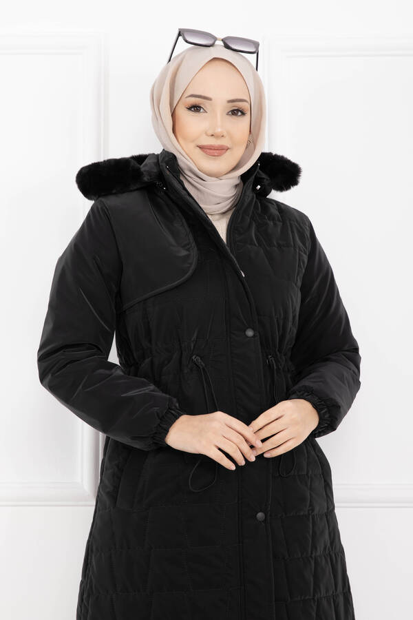 Hsm - Kürk Kapüşonlu Beli Bağcıklı Nova Kaban Siyah (1)