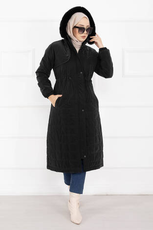 Kürk Kapüşonlu Beli Bağcıklı Nova Kaban Siyah