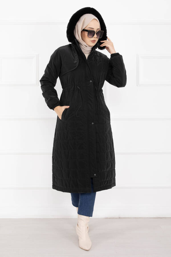 Hsm - Kürk Kapüşonlu Beli Bağcıklı Nova Kaban Siyah