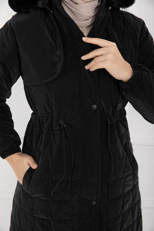 Kürk Kapüşonlu Beli Bağcıklı Nova Kaban Siyah - Thumbnail