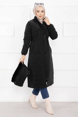 Kürk Kapüşonlu Beli Bağcıklı Nova Kaban Siyah - Thumbnail