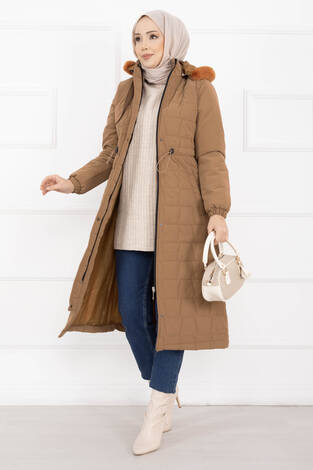 Kürk Kapüşonlu Beli Bağcıklı Nova Kaban Taba - Thumbnail