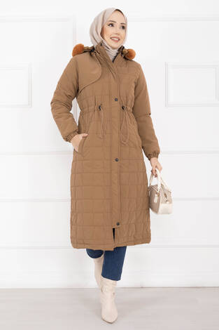 Kürk Kapüşonlu Beli Bağcıklı Nova Kaban Taba - Thumbnail